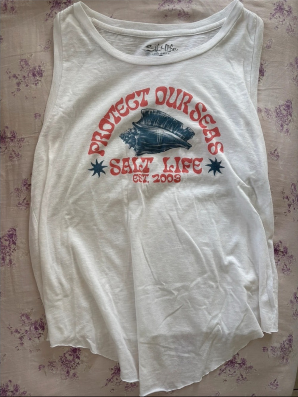 Salt Life White Tank with Coral-Red Text and Navy Conch Graphic